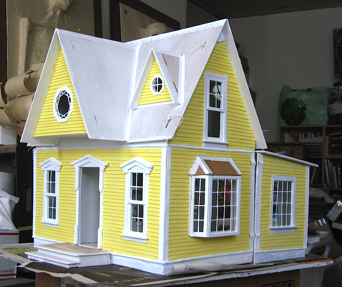 Yellow dollhouse, south side and front, in progress.