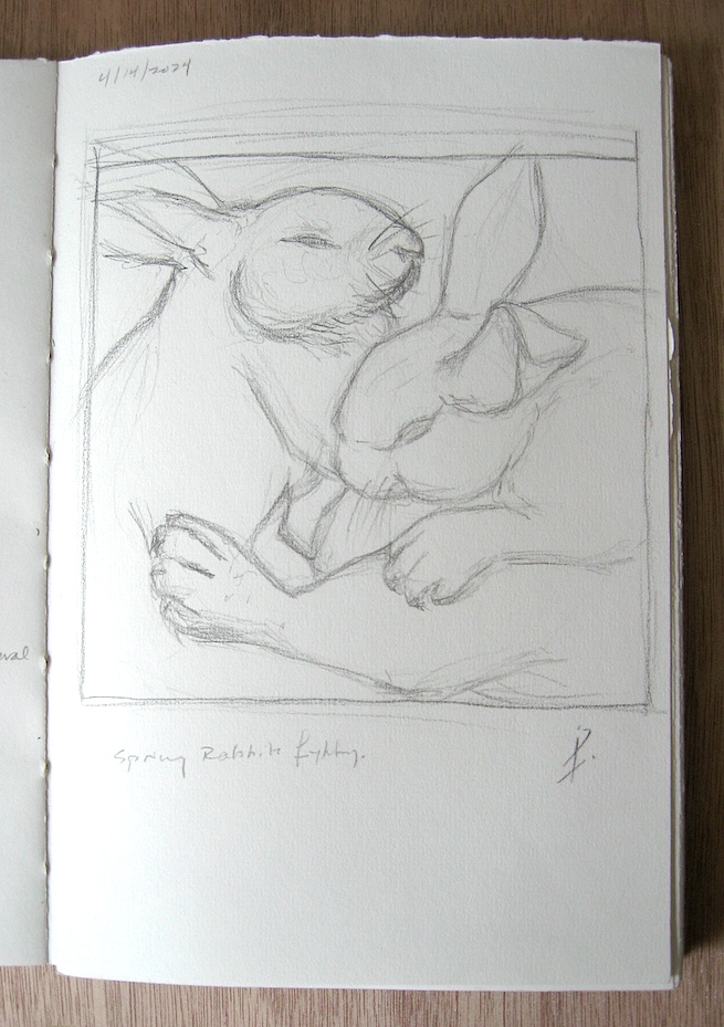 A sketch of rabbits fighting in the spring.
