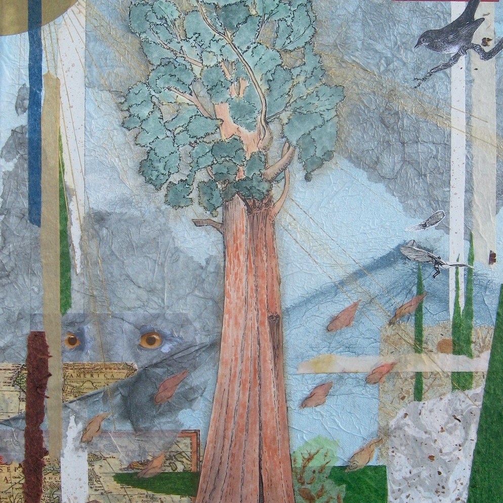 Jen Fries, Standing: Portrait of the General Sherman, watercolor, ink, and collage on canvas, 14 x 18 inches